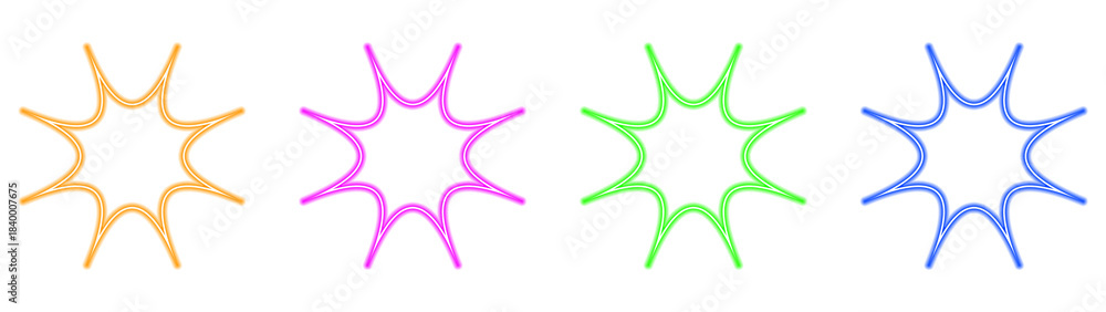 Fototapeta premium Set of eight-pointed starbursts and speech bubbles in neon style, glow effect, cartoon burst with light, isolated on transparent background