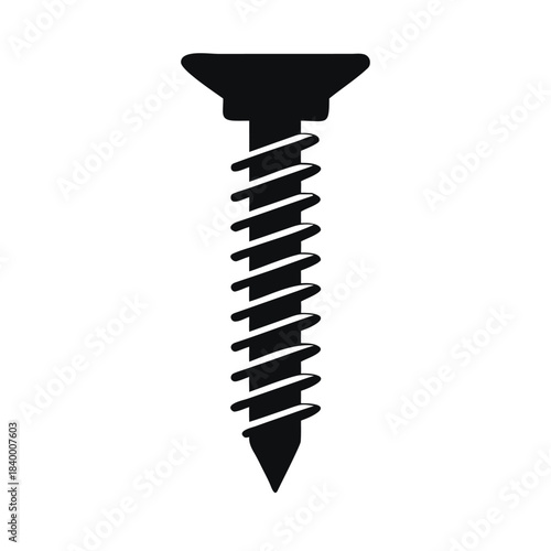 Simple black silhouette icon of a wood screw fastener isolated against a white background for design