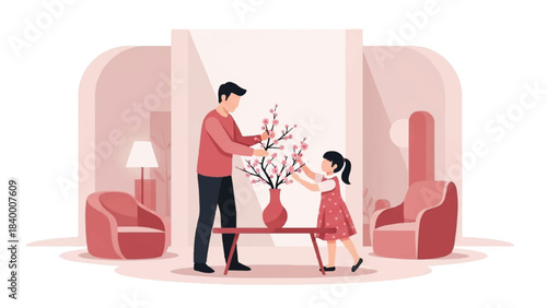 A father and daughter arrange blooming branches in a vase, celebrating spring traditions