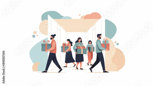 Friends and family carrying gift boxes, celebrating holidays and special occasions together