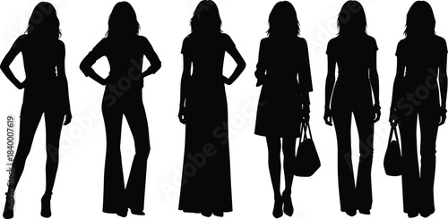 Silhouette illustration of fashionable women in various poses, modern female figures with handbags, stylish outfits for fashion design, retail branding and lifestyle concepts