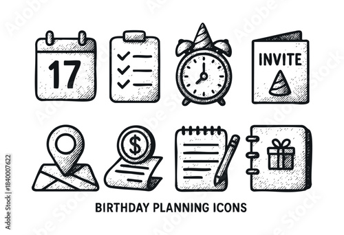A charming set of hand-drawn doodle icons representing essential elements for birthday party organization, including date, tasks, time, invitation, location, budget, notes, and gifts — stock vector.