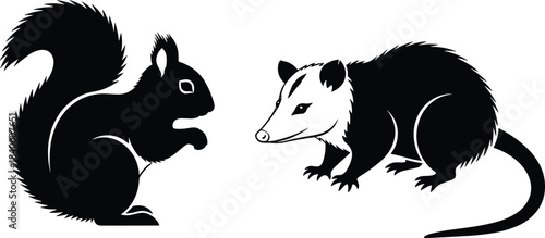 Silhouette illustration of squirrel and opossum wildlife animals, detailed forest creature artwork for nature design, educational materials, outdoor themes and natural habitat concepts