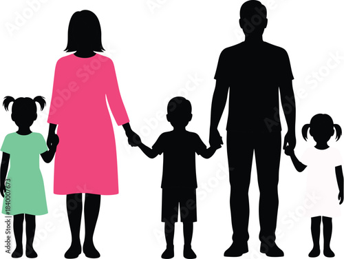 Silhouette illustration of parents and children holding hands, diverse family group artwork for parenting, community support, unity, childcare, education and social concept designs