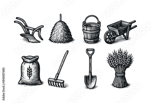 A collection of vintage engraved-style icons depicting medieval agricultural tools like a plow, rake, wheelbarrow, and harvested crops, isolated on white. — stock vector.