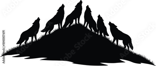 Silhouette illustration of wolves howling together on a hilltop, representing wilderness wildlife, wolf pack behavior, night scene concepts, and nature-inspired graphic design