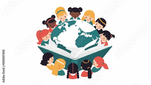 Diverse children from around the world gather around a book displaying a globe, representing global education, unity, and international friendship for a brighter future