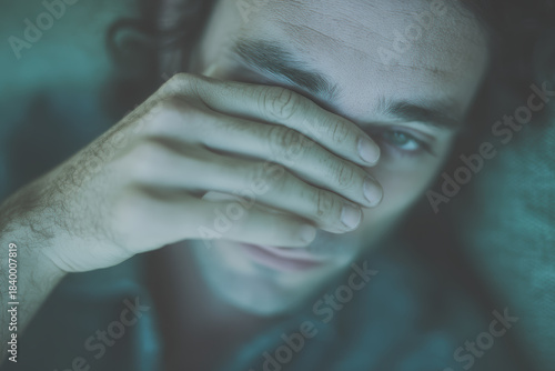 Young man covering face with hand in moody teal portrait expressing fatigue and introspection