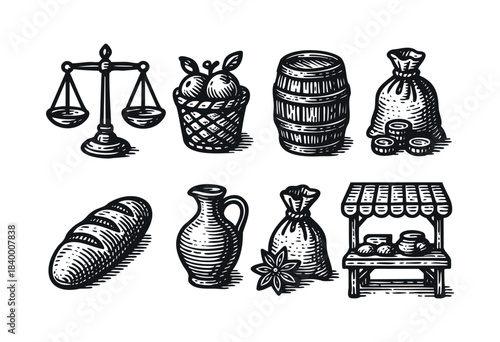 A collection of hand-drawn vintage market and commerce items in a distinct black and white woodcut style, depicting trade and provision elements — stock vector.