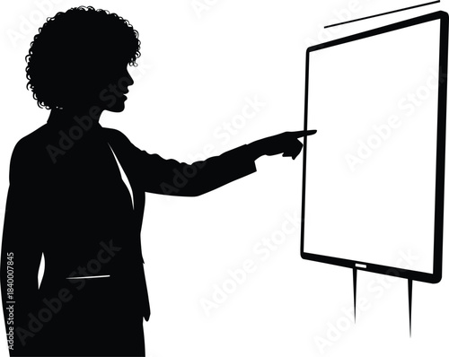Silhouette of businesswoman presenting and pointing at blank board, professional training illustration for education, corporate instruction, seminar teaching, and business communication design