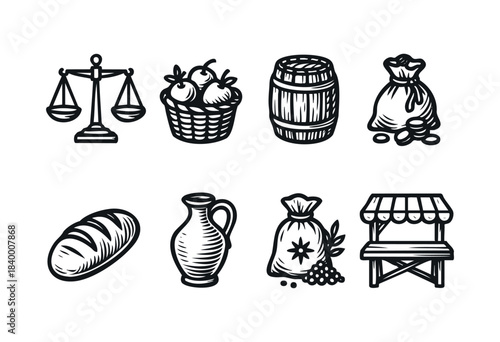 Set of black and white hand-drawn icons depicting market elements like scales, barrel, bread, and produce sacks in a vintage style — stock vector.