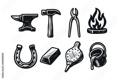 A collection of vintage-style blacksmith and metalworking tools and elements, including an anvil, hammer, tongs, fire, horseshoe, ingot, bellows, and molten metal bucket — stock vector.