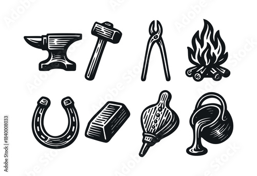 A collection of vintage-style vector icons featuring essential blacksmithing tools and elements like an anvil, hammer, tongs, fire, and horseshoe in a monochrome design — stock vector.
