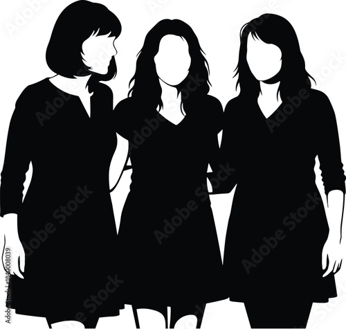 Silhouette of three women standing together in friendship pose, unity and support illustration representing sisterhood, companionship, bonding, and strong interpersonal relationships