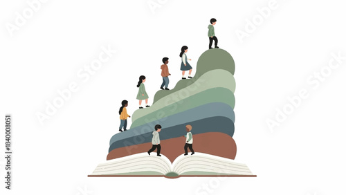 Children climbing stairs depicted as pages of an open book, symbolizing education and growth
