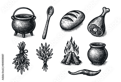 Vintage woodcut style illustration set featuring rustic cooking ingredients and tools like a cauldron, bread, meat, herbs, spoon, and campfire — stock vector.