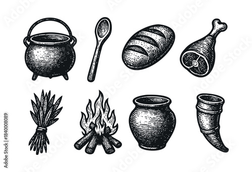 A collection of hand-drawn vintage illustrations depicting essential items for traditional cooking, outdoor survival, and historical feasting, isolated on white background — stock vector.