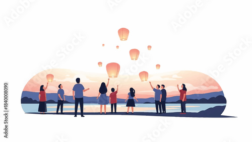 People release glowing sky lanterns over tranquil water at dusk, a vector illustration of hope and celebration