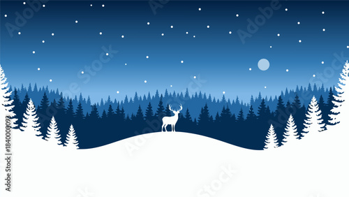 A majestic deer stands silhouetted against a starry night sky in a snowy forest landscape.