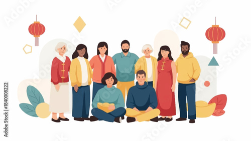 Diverse group of cheerful people celebrating a cultural event with traditional lanterns, symbolizing unity and community in a vibrant flat vector illustration