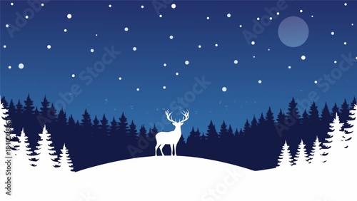A majestic stag stands silhouetted against a starry night sky with a full moon over a snow-covered forest.