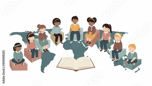 Illustration of diverse children sitting on a world map with an open book, conveying a global education theme with a clean and simple style.
