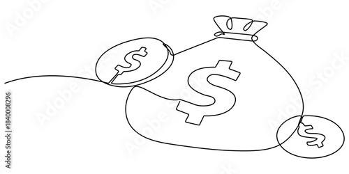 Continuous one line drawing of dollar money bag design. Money bag storage in single line draw illustration. Editable stroke.
