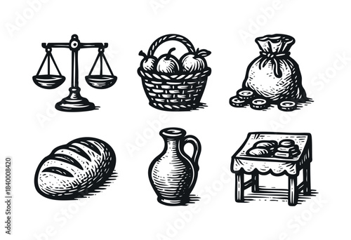 A collection of hand-drawn vintage market and commerce items in a distinct black and white woodcut style, depicting trade and provision elements — stock vector.