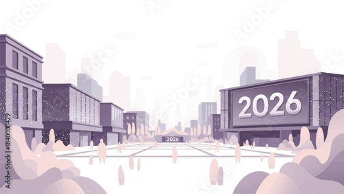A forward-looking urban landscape in the year 2026, depicting a contemporary city's vision of progress and new beginnings