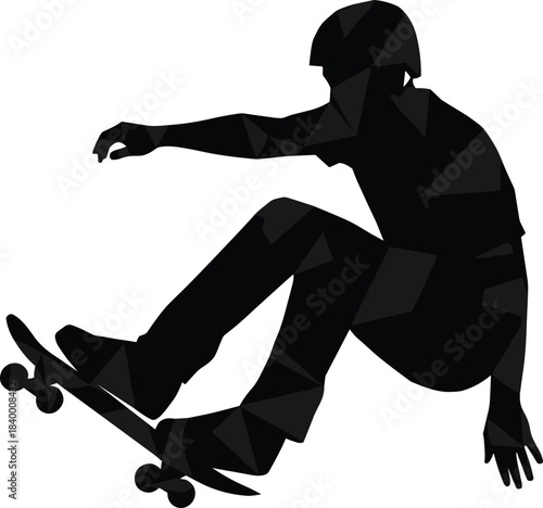 Skateboarder silhouette performing an aerial trick, dynamic geometric-style illustration capturing extreme sports motion, urban lifestyle energy, youth culture, and action design elements