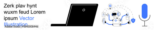 Artificial intelligence, voice recognition, smart assistants, technology, automation, and digital communication. Laptop, robot and microphone icons. Artificial intelligence and voice recognition