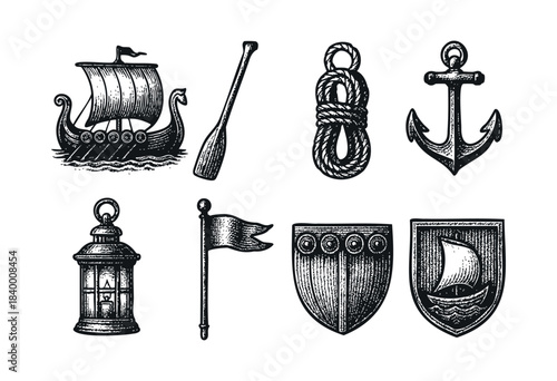A collection of hand-drawn vintage-style nautical and Viking elements, featuring a longship, anchor, rope, oar, lantern, and shields — stock vector.