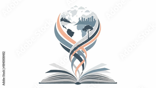 Open book with flowing lines, globe, and cityscape symbolizing knowledge and global understanding for a sustainable future