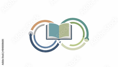 An open book forming an infinity symbol, representing endless learning and knowledge, with cyclical arrows