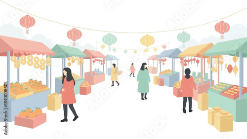Illustration of people shopping at a vibrant marketplace with stalls adorned with lanterns and goods on display