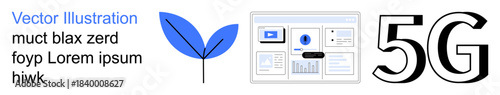 5G networks, growth, innovation, digital communication, technology enhancement, online platforms. A leaf, user interface design and bold 5G text. 5G networks and growth concept