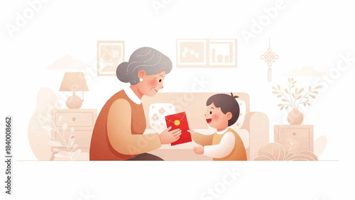 Illustration of a senior woman and a young child sitting in a cozy living room, exchanging a red gift box with a joyful expression, warm beige tones.