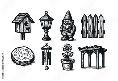 A collection of hand-drawn garden objects in a vintage woodcut style, featuring a birdhouse, lantern, gnome, fence, wood slice, wind chimes, potted flower, and arbor — stock vector.