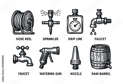 A collection of hand-drawn line art icons illustrating essential garden watering and irrigation equipment, including hose reels, sprinklers, faucets, and a rain barrel — stock vector.