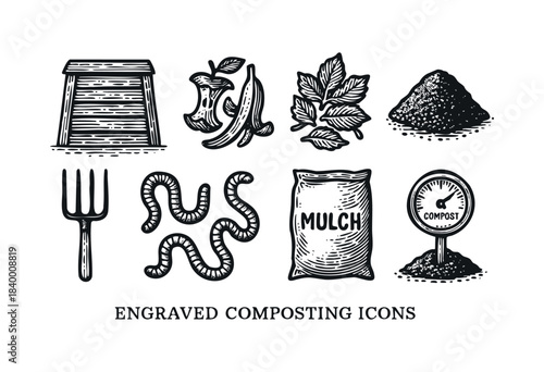 A collection of engraved icons illustrating various elements and tools for organic composting and gardening, including food scraps, leaves, worms, and equipment — stock vector.