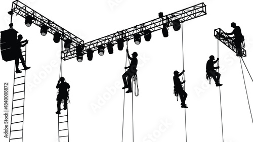 Team of workers installing stage lighting truss using ladders and safety ropes, event setup, concert rigging and lighting installation, vector illustration concept