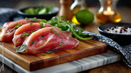 Fototapeta Naklejka Na Ścianę i Meble -  Diced fresh raw chicken breast cut in strips for a goulash or stir fry seasoned with spice rub heaped on a wooden chopping board on white marble