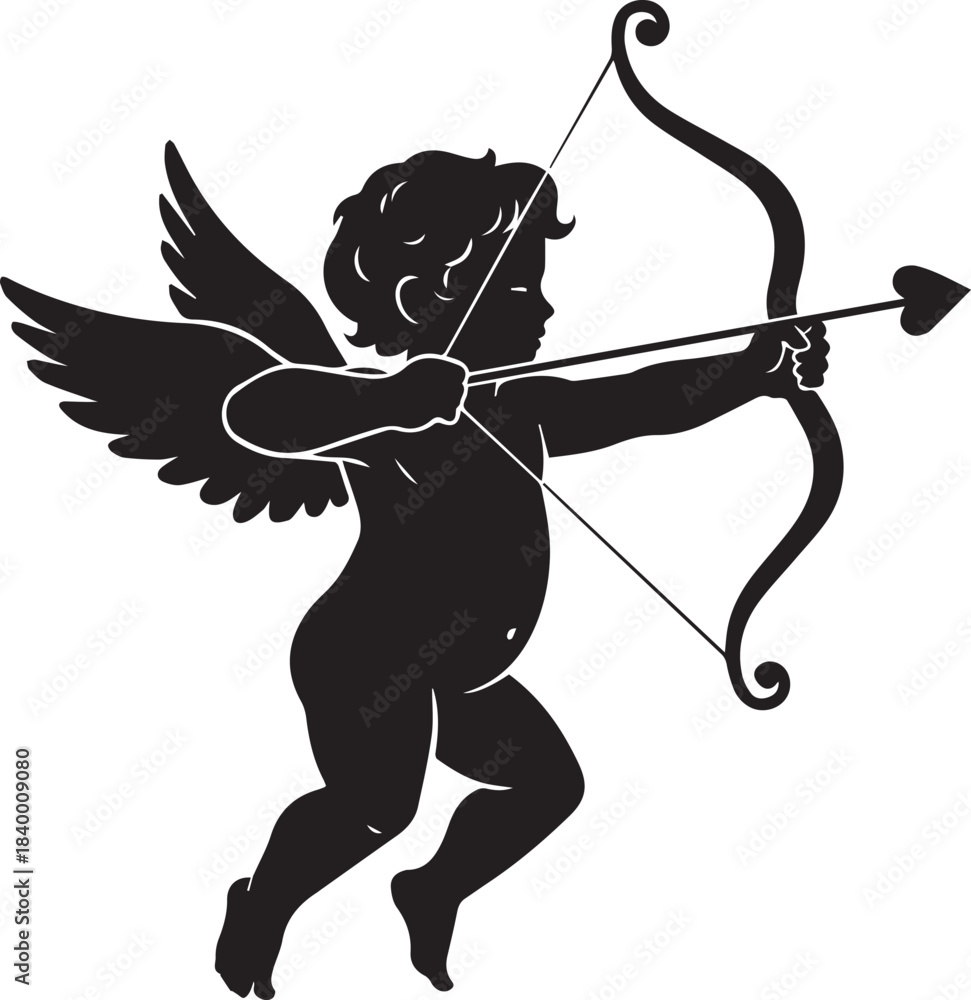 Fototapeta premium Silhouette of cupid aiming his bow and arrow with wings outstretched