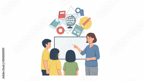 Educator guiding students in a classroom, demonstrating concepts with visual aids on a whiteboard