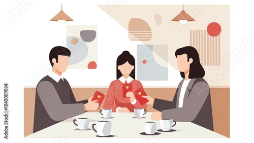 Vector illustration of a cultural gathering, where friends or business associates exchange traditional red envelopes, symbolizing good fortune, prosperity, and warm wishes
