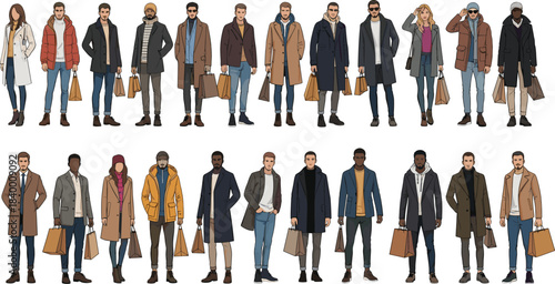 Trendy diverse people shopping in winter fashion outfits, casual modern street style clothing, stylish men and women carrying shopping bags, urban lifestyle illustration