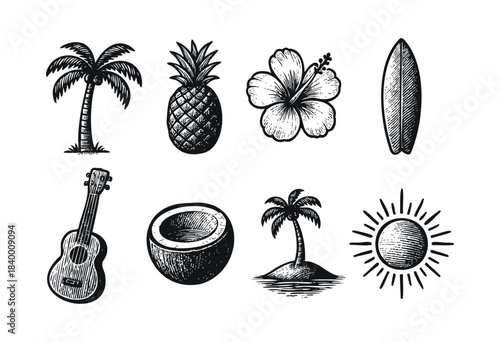 A set of hand-drawn, vintage-style tropical icons, including a palm tree, pineapple, surfboard, and ukulele — stock vector.