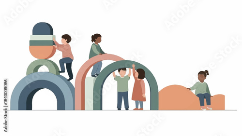 Illustration of diverse children playing with colorful building blocks and arches on a white background with a playful mood.