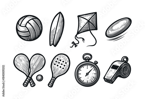 A collection of hand-drawn, black and white illustrations featuring various sports and recreational items like a volleyball, surfboard, kite, frisbee, beach paddles, stopwatch
