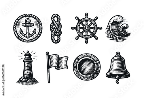 Eight classic maritime icons like a ship's anchor, helm, and lighthouse, depicted in an antique engraving style on a white background — stock vector.